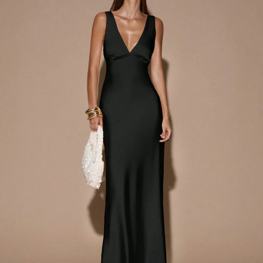 Black Minimalist Women's Deep V-Neck Sleeveless Tie Dress Open Back Gown - Picture 3 of 6